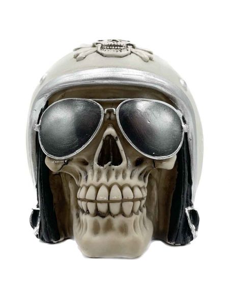 Tirelire crâne avec Casque et Lunettes de Soleil - En Polyrésine