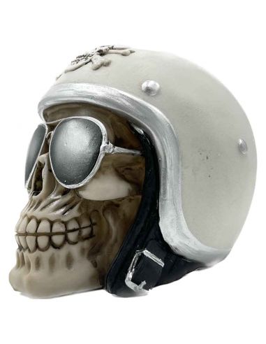 Tirelire crâne avec Casque et Lunettes de Soleil - En Polyrésine