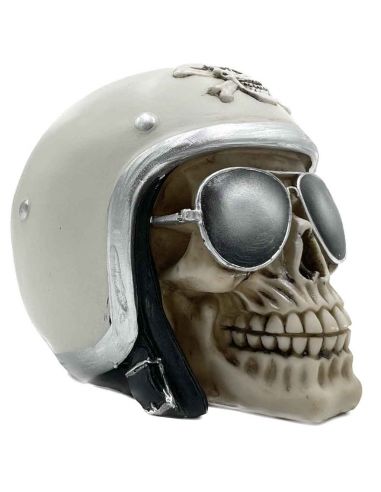 Tirelire crâne avec Casque et Lunettes de Soleil - En Polyrésine