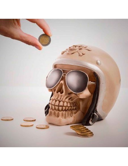 Tirelire crâne avec Casque et Lunettes de Soleil - En Polyrésine