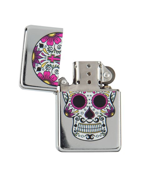 Briquet Essence à Clapet Rechargeable / Motif Crâne Mexicain (Calavera) / 6 Modèles Différents