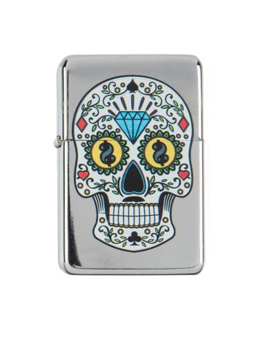 Briquet Essence à Clapet Rechargeable / Motif Crâne Mexicain (Calavera) / 6 Modèles Différents