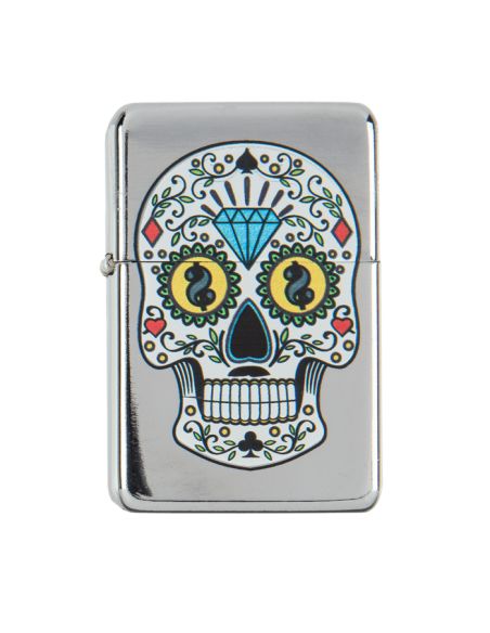 Briquet Essence à Clapet Rechargeable / Motif Crâne Mexicain (Calavera) / 6 Modèles Différents