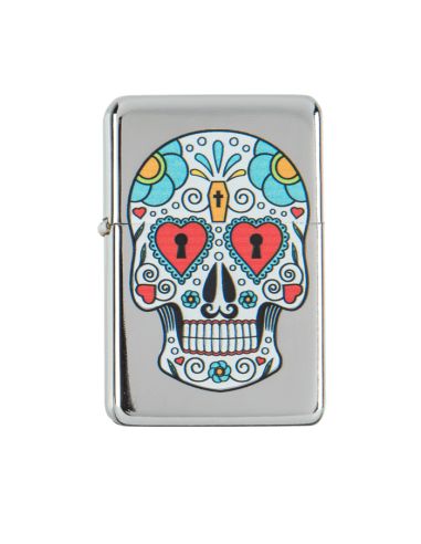 Briquet Essence à Clapet Rechargeable / Motif Crâne Mexicain (Calavera) / 6 Modèles Différents