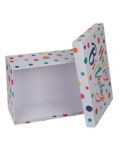 Boîte cadeau en papier gris clair, Happy Birthday, avec motif de points colorés, env. 28,5 x 20 x 11 cm, set de 3 pcs, étiquette