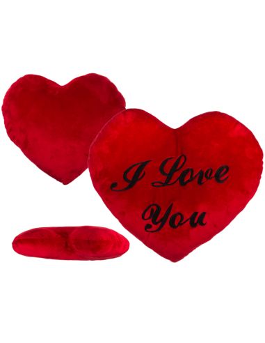 Coussin-Peluche Cœur Rouge / Brodé "I Love You" au Fil Noir / Dimensions : 67 x 47 cm