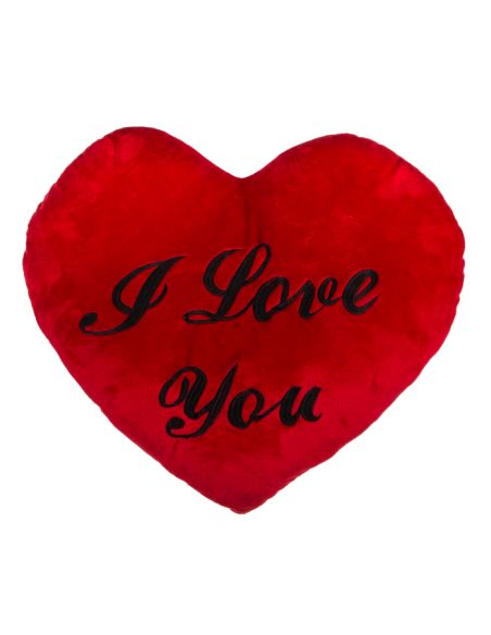 Coussin-Peluche Cœur Rouge / Brodé "I Love You" au Fil Noir / Dimensions : 67 x 47 cm