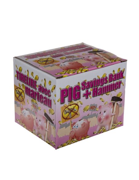 Tirelire Cochon Rose avec Marteau - Dimensions : 12,5 x 10,5 x 9,5 cm