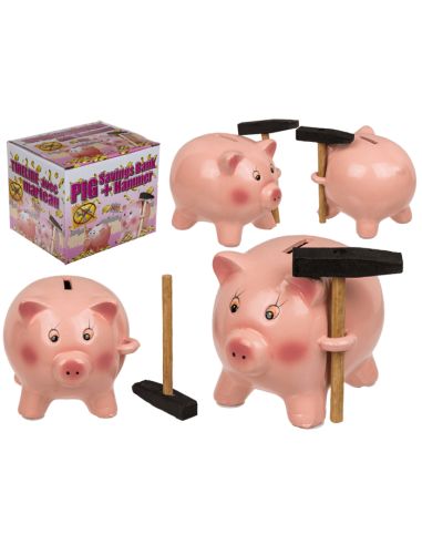 Tirelire Cochon Rose avec Marteau - Dimensions : 12,5 x 10,5 x 9,5 cm