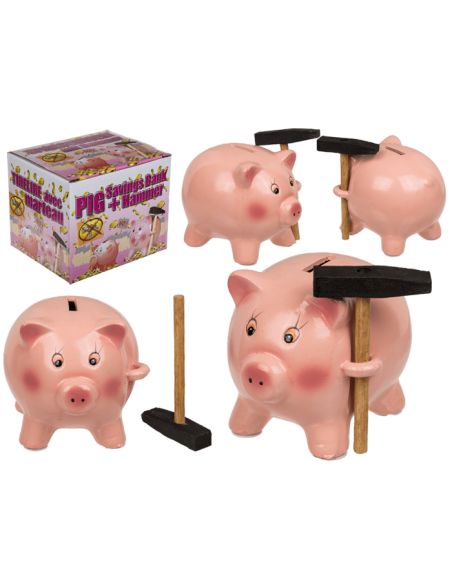 Tirelire Cochon Rose avec Marteau - Dimensions : 12,5 x 10,5 x 9,5 cm