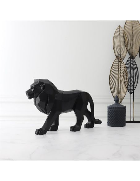 Statue Lion Origami Noir en Polyrésine / Dimensions : 36 x 23 cm