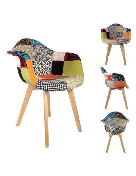 Lot de 2 Fauteuils scandinaves patchwork pieds bois - Multicolore