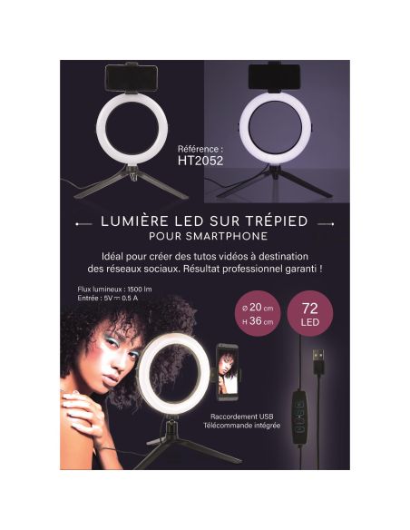Lampe LED avec Trépied pour Smartphone - Dimensions : 27 x 36 x 50,5 cm