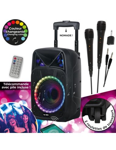 Objet High-Tech / Enceinte Lumineuse Sans Fil 20W Karaoké / 2 Micros et 1 Télécommande Intégrés / Dimensions : 39 x 24 x 20 cm
