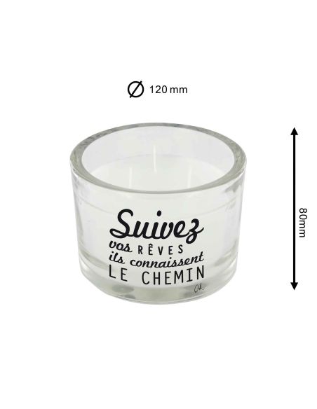 Bougie Ronde En Verre / 3 Mèches / Avec Citations
