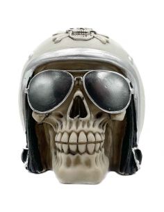 Objet Décoratif / Tirelire en Polyresine / Crâne avec Casque et Lunettes de Soleil / Avec serrure