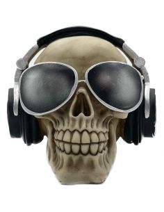 Objet Décoratif / Tirelire en Polyresine / Crâne avec Casque Audio et Lunettes de Soleil / Avec serrure