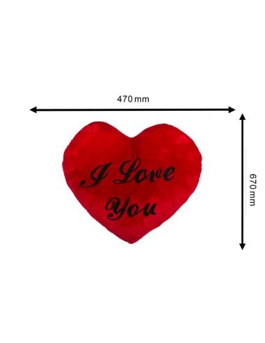 Coussin-Peluche Cœur Rouge / Brodé "I Love You" au Fil Noir / Dimensions : 67 x 47 cm