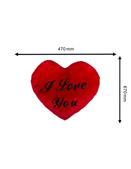 Coussin-Peluche Cœur Rouge / Brodé "I Love You" au Fil Noir / Dimensions : 67 x 47 cm