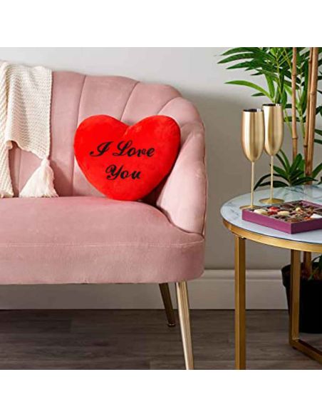 Coussin-Peluche Cœur Rouge / Brodé "I Love You" au Fil Noir / Dimensions : 67 x 47 cm