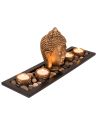Objet de Décoration / Assiette Rectangulaire en Bois avec 4 Bougies, Pierres et Tête de Bouddha
