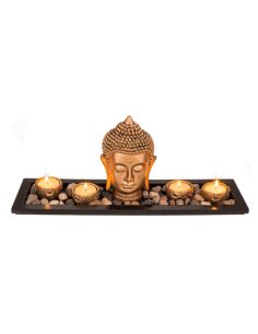 Objet de Décoration / Assiette Rectangulaire en Bois avec 4 Bougies, Pierres et Tête de Bouddha
