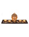 Objet de Décoration / Assiette Rectangulaire en Bois avec 4 Bougies, Pierres et Tête de Bouddha