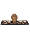 Objet de Décoration / Assiette Rectangulaire en Bois avec 4 Bougies, Pierres et Tête de Bouddha