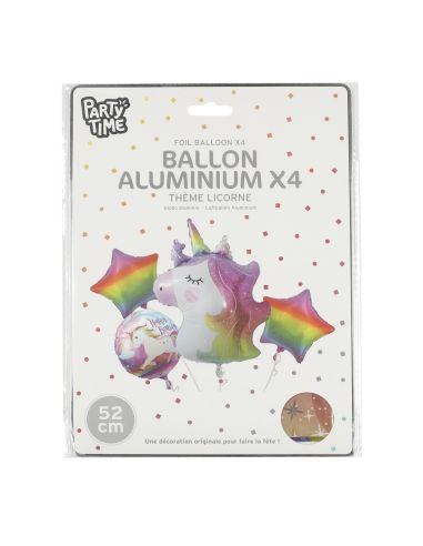 Lot De 4 Ballons Aluminium Licorne Multicolore / Dimensions : 52 cm et 35 cm