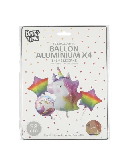 Lot De 4 Ballons Aluminium Licorne Multicolore / Dimensions : 52 cm et 35 cm