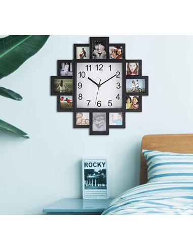 Horloge Murale avec Pêle-Mêle 12 Cadres Photos  / Dimensions: 37,5 x 39 cm