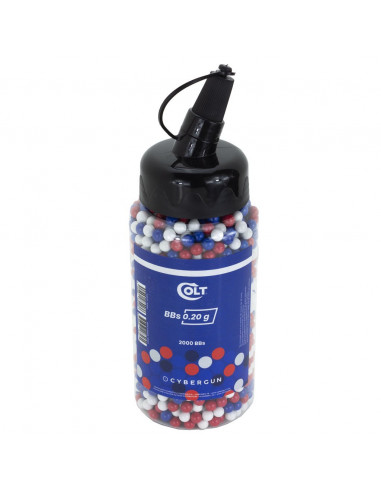 Bouteille de 2000 billes 0,20 gr. airsoft Bleu/Blanc/Rouge (Cybergun)