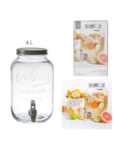 Distributeur de Boissons / Fontaine à Boisson de 4 Litres en Verre avec Couvercle et Robinet Verseur
