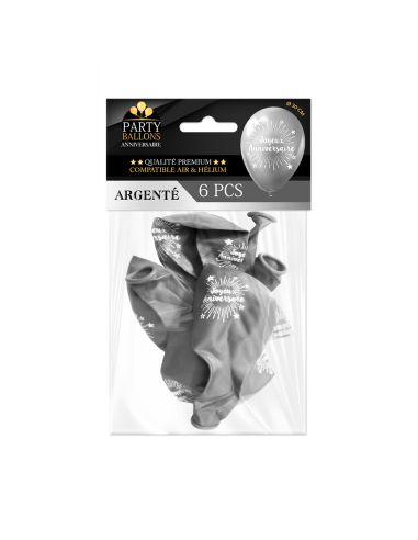 Pack de 6 Ballons "Joyeux Anniversaire" Argenté / Dimensions : 30 x 30 cm