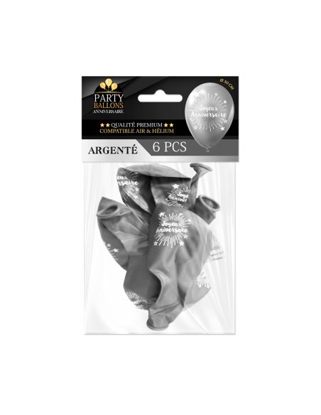 Pack de 6 Ballons "Joyeux Anniversaire" Argenté / Dimensions : 30 x 30 cm