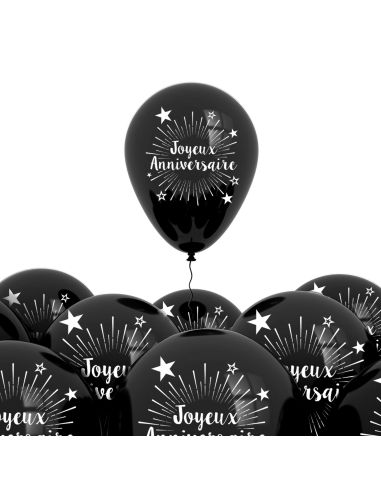 Pack de 6 Ballons "Joyeux Anniversaire" Noir / Dimensions : 30 x 30 cm