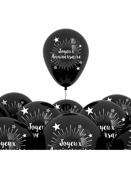 Pack de 6 Ballons "Joyeux Anniversaire" Noir / Dimensions : 30 x 30 cm