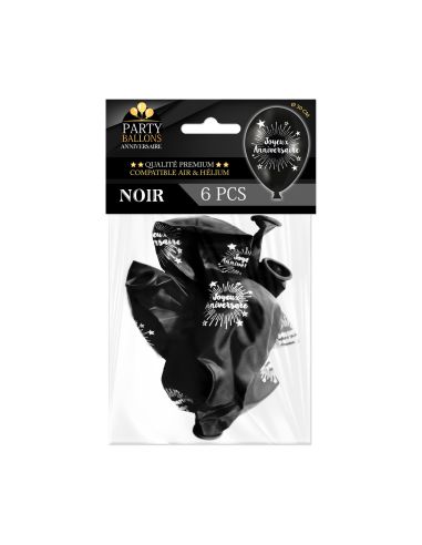 Pack de 6 Ballons "Joyeux Anniversaire" Noir / Dimensions : 30 x 30 cm