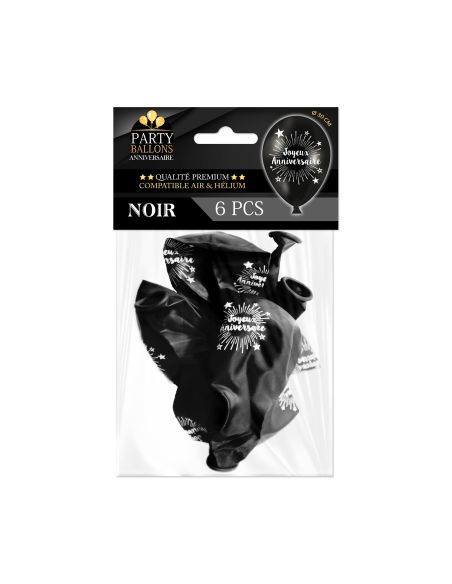 Pack de 6 Ballons "Joyeux Anniversaire" Noir / Dimensions : 30 x 30 cm