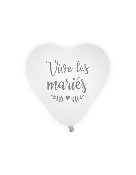 Sachet de 8 Ballons en Cœur Imprimé "Vive Les Mariés" - Dimensions : 18 x 13 cm