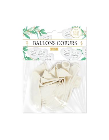 Sachet de 8 Ballons en Cœur Imprimé "Vive Les Mariés" - Dimensions : 18 x 13 cm