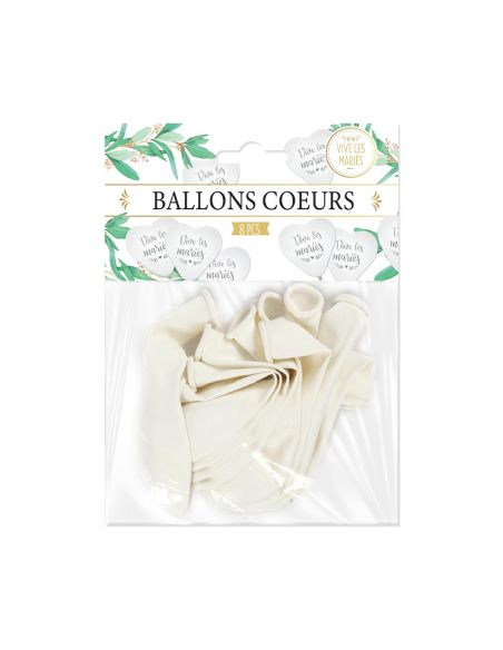 Sachet de 8 Ballons en Cœur Imprimé "Vive Les Mariés" - Dimensions : 18 x 13 cm