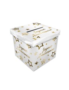 Urne Anniversaire Party Chic Blanc et Doré - Dimensions : 20 x 20 x 20 cm