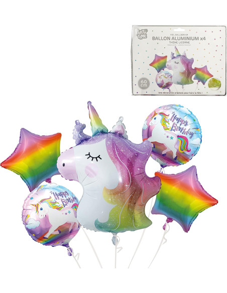 Lot De 4 Ballons Aluminium Licorne Multicolore / Dimensions : 52 cm et 35 cm