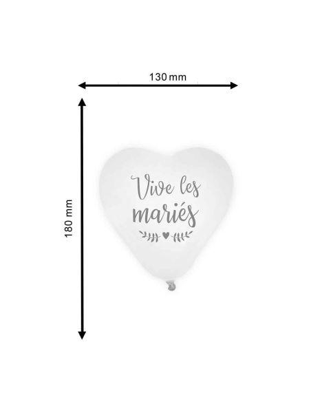 Sachet de 8 Ballons en Cœur Imprimé "Vive Les Mariés" - Dimensions : 18 x 13 cm
