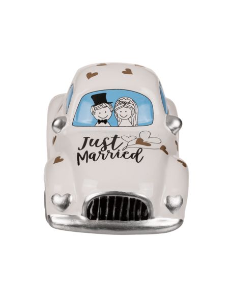 Tirelire Voiture de Mariage avec Serrure Imprimé "Juste Married" en Céramique / Dimensions : 8 x 14,5 x 6,5 cm