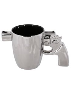 Tasse (Mug) Argentée Poignée Révolver / Dimensions : 17,5 x 8,5 x 10,1 cm