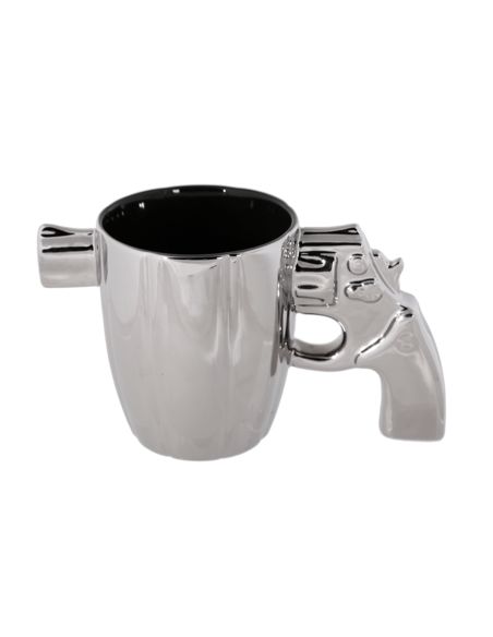 Mug argenté à anse revolver, environ 18 x 10 cm, en faïence