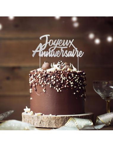Top Gâteau "Joyeux anniversaire" Argenté Pailleté Party Chic / Dimensions : 17 x 13 cm