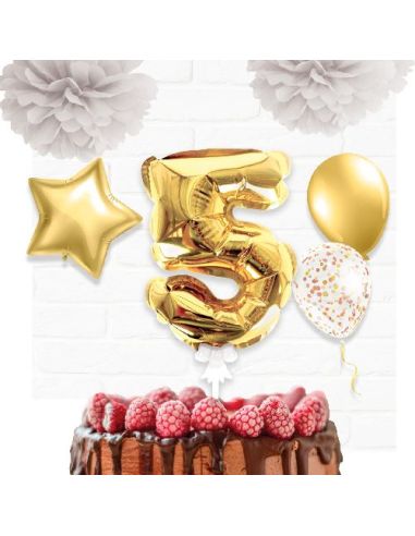 Accessoire Fêtes / Ballon Doré Décoration Gâteau Chiffre 5 / Dimension : 15 x 10 cm